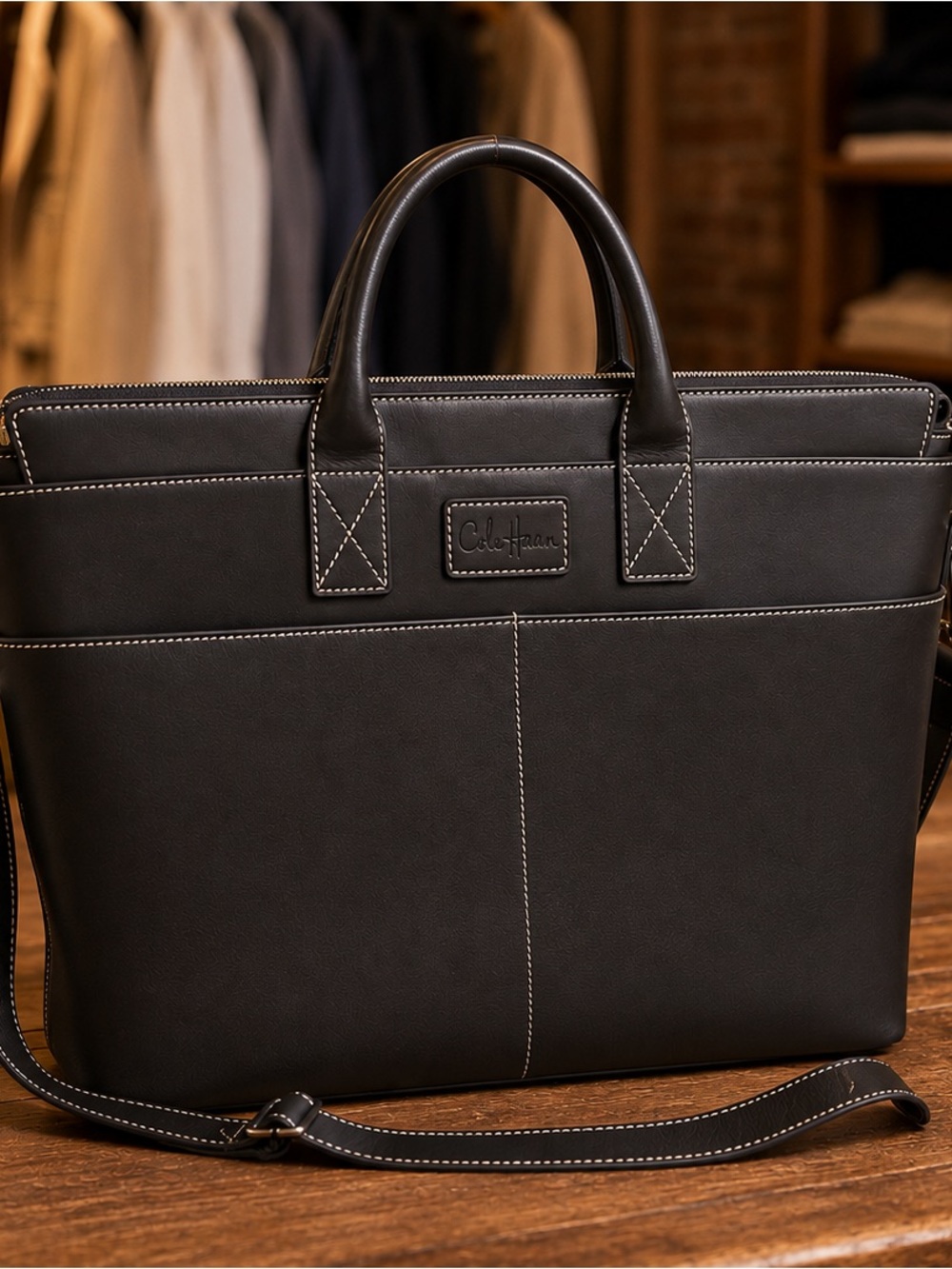Cole Haan Brown Leather Laptop/Briefcase/Work Bag with Contrast Stitching